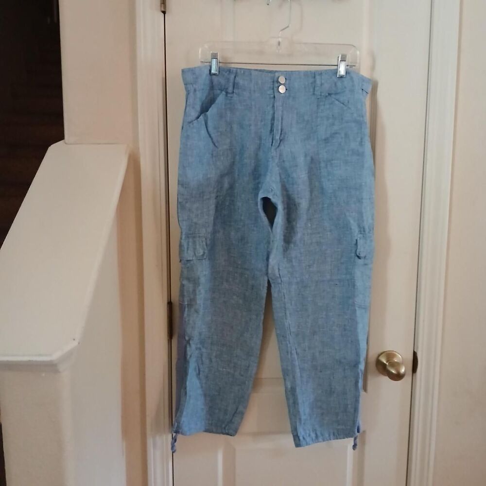Anthropologie x Sanctuary Blue 100% Linen Cargo Capri Pants 31 Coastal Utility